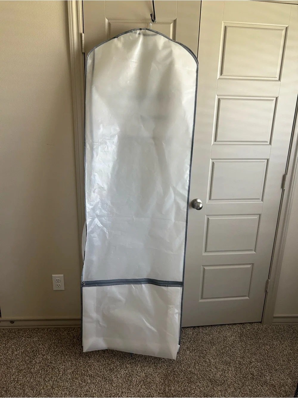 David's Bridal White Garment Bag with Gray Trim and 'Bride' Script